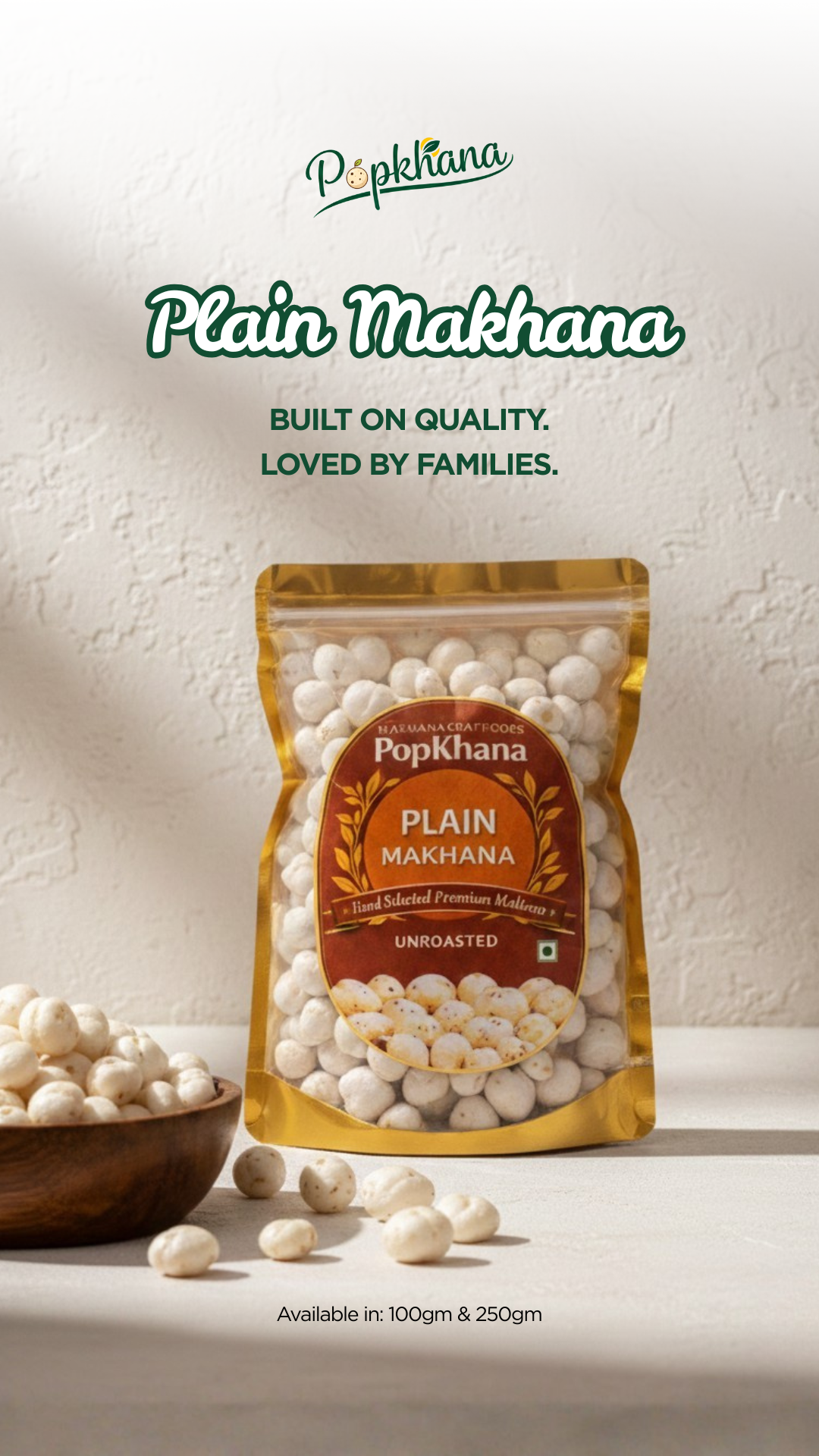 PopKhana Plain Makhana pack displayed on a clean background with whole fox nuts, showcasing premium handpicked raw makhana for roasting, cooking and healthy snacking