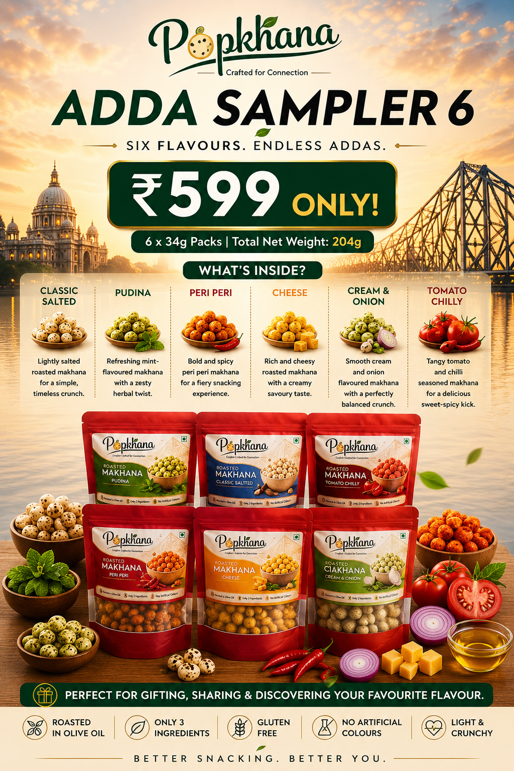 PopKhana Adda Sampler 6 roasted makhana combo box with six flavours including Classic Salted, Pudina, Peri Peri, Cheese, Cream & Onion and Tomato Chilly