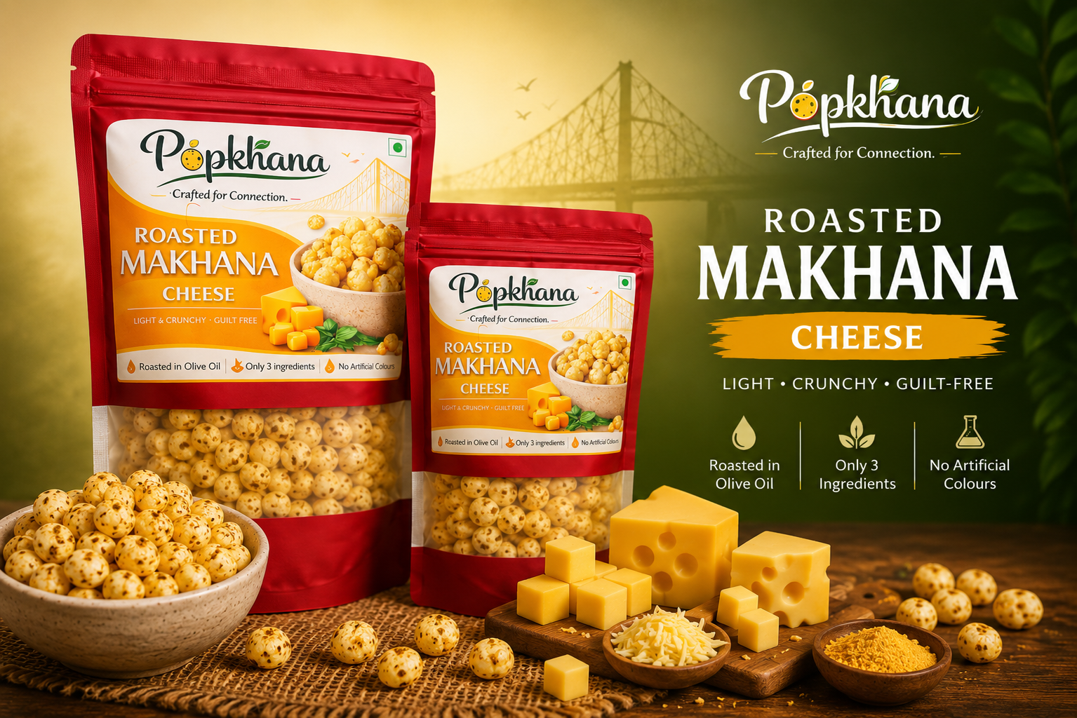 PopKhana Cheese Roasted Makhana packs displayed with cheese cubes and roasted makhana, highlighting olive oil roasting, only 3 ingredients and no artificial colours.