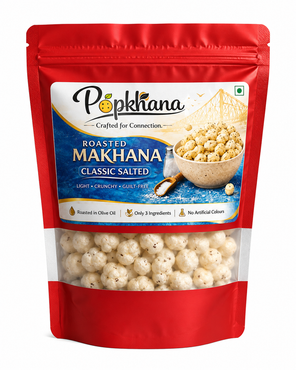 PopKhana Classic Salted Roasted Makhana snack pack roasted in olive oil with classic salted flavour, only 3 ingredients, and no artificial colours.
