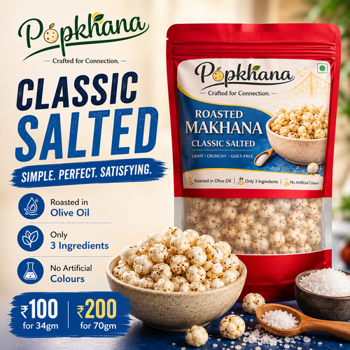 PopKhana Classic Salted Roasted Makhana snack pack with bowl of makhana and sea salt, roasted in olive oil, light and crunchy, available in 34g and 70g packs.