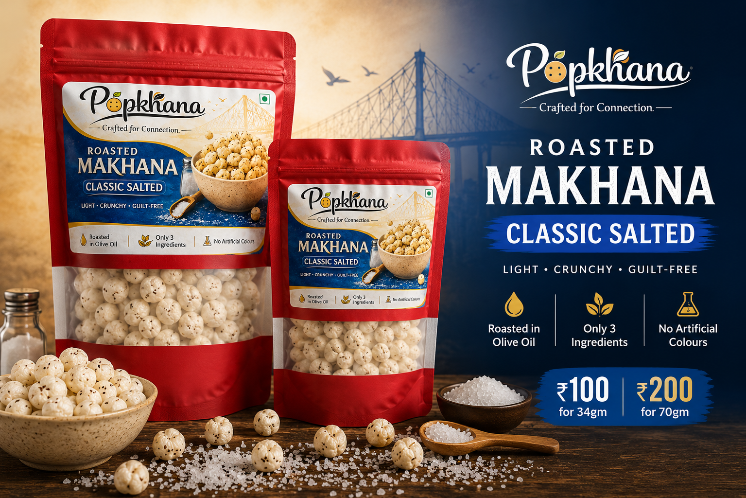 "PopKhana Classic Salted Roasted Makhana lifestyle poster featuring 34g and 70g packs, roasted in olive oil, only 3 ingredients, no artificial colours, with bowl of roasted fox nuts and sea salt.
