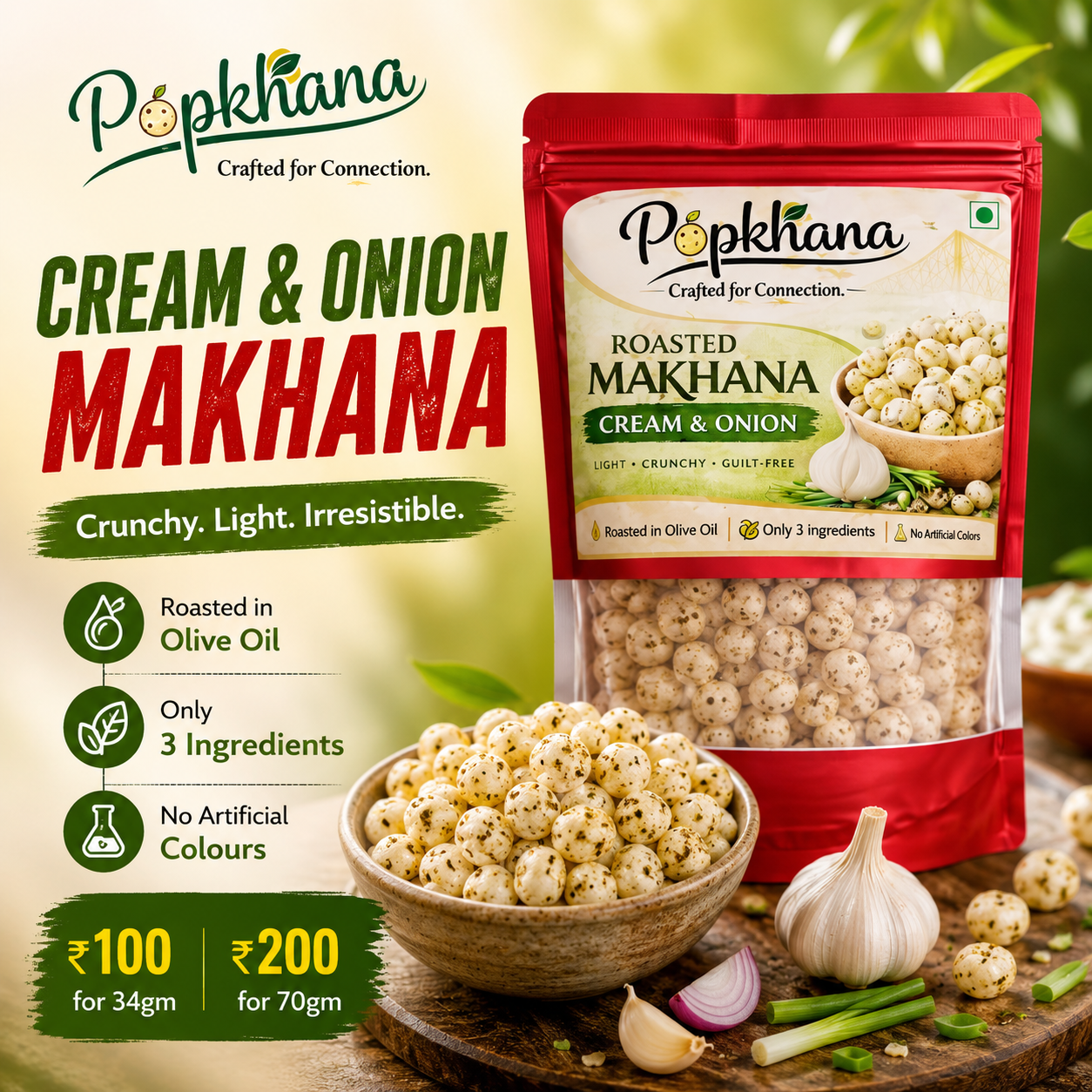 PopKhana Cream & Onion Roasted Makhana snack pack with roasted in olive oil, only 3 ingredients, no artificial colours, available in 34g and 70g packs.