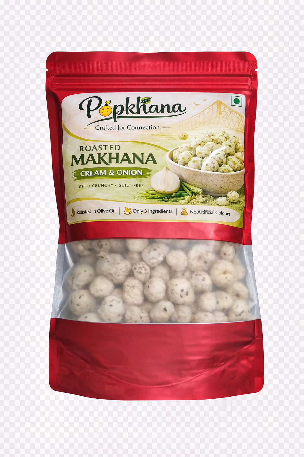 PopKhana Cream & Onion Roasted Makhana healthy snack, light and crunchy fox nuts roasted in olive oil.