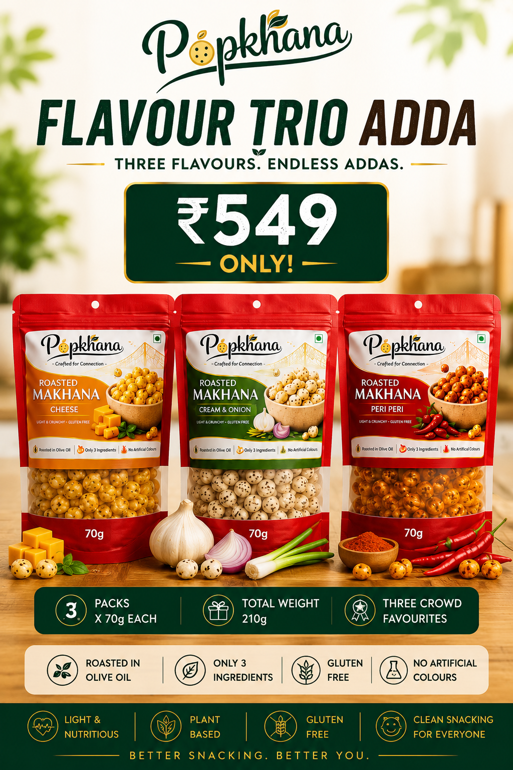 PopKhana Flavour Trio Adda combo with Cheese, Cream & Onion and Peri Peri roasted makhana packs, 70g each, total weight 210g.