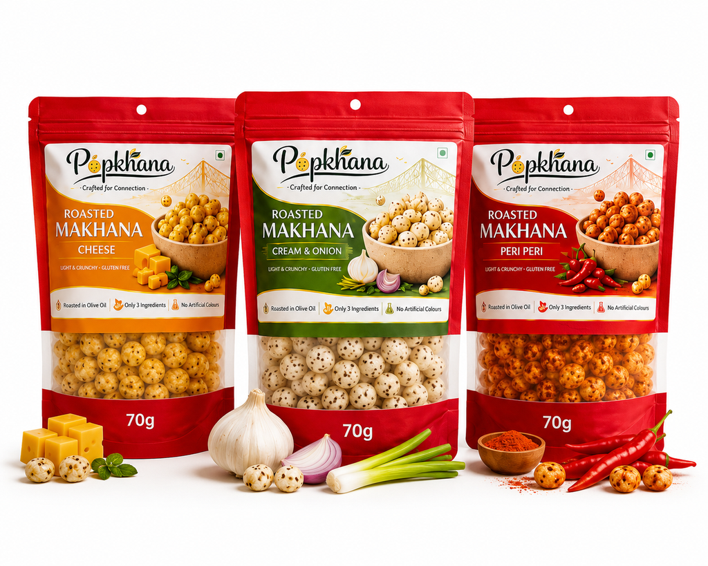 PopKhana Flavour Trio Adda featuring Cheese, Cream & Onion and Peri Peri roasted makhana packs, 70g each, total weight 210g, roasted in olive oil and gluten-free.