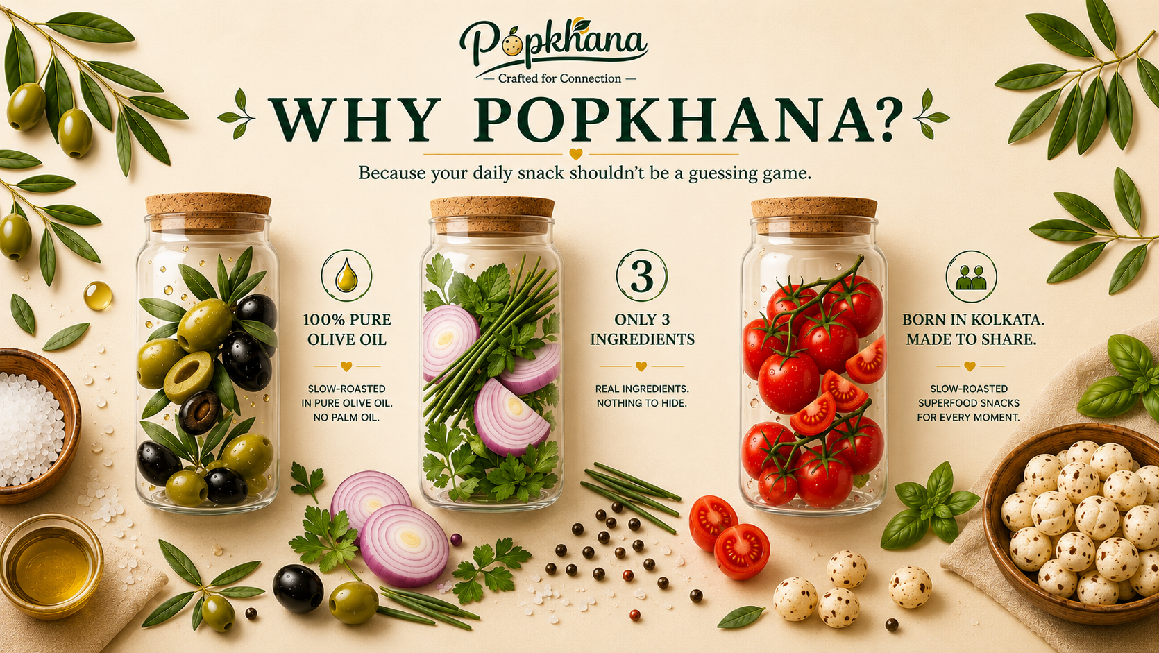 Why Popkhana roasted makhana – roasted in olive oil, made with only 3 ingredients, no artificial colours, light, crunchy, and guilt-free healthy snacking.