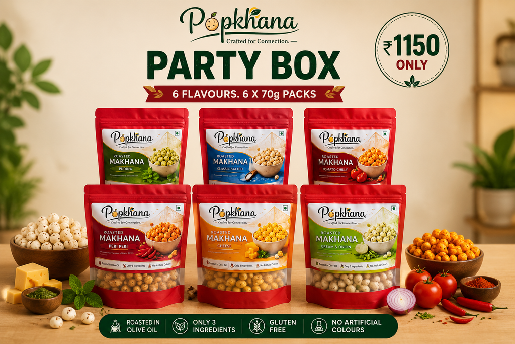 Popkhana Party Box ₹1150 featuring 6 roasted makhana flavours including Pudina, Classic Salted, Tomato Chilly, Peri Peri, Cheese and Cream & Onion. Premium snack combo for parties, gifting and gatherings.
