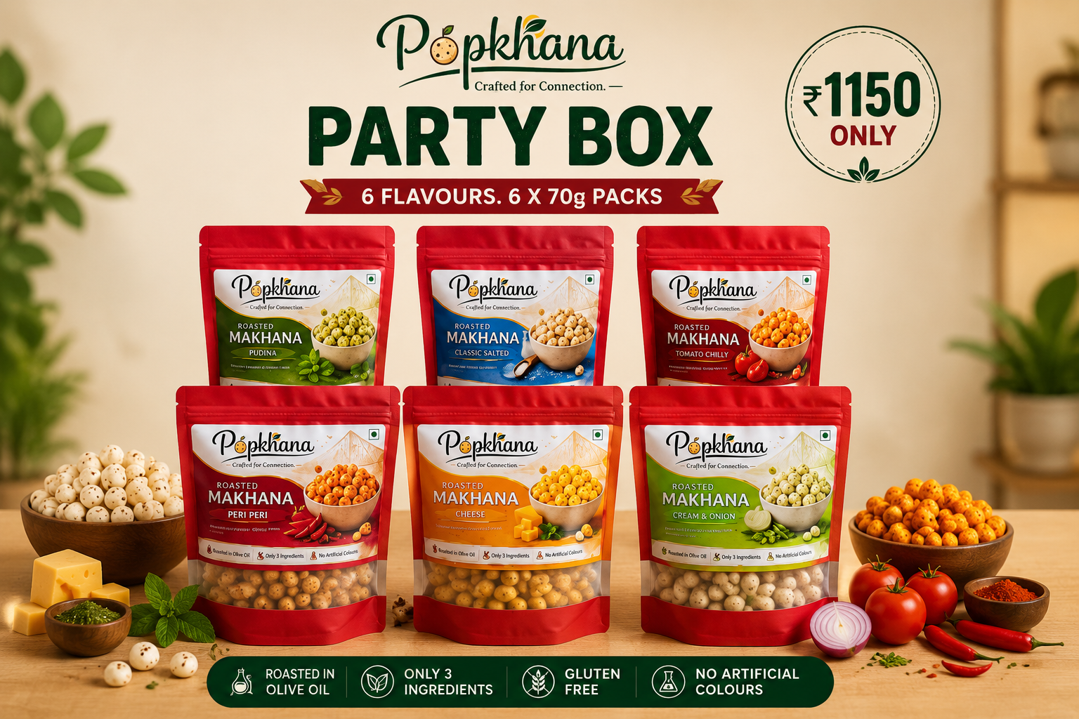Popkhana Party Box ₹1150 featuring 6 roasted makhana flavours including Pudina, Classic Salted, Tomato Chilly, Peri Peri, Cheese and Cream & Onion. Premium snack combo for parties, gifting and gatherings.