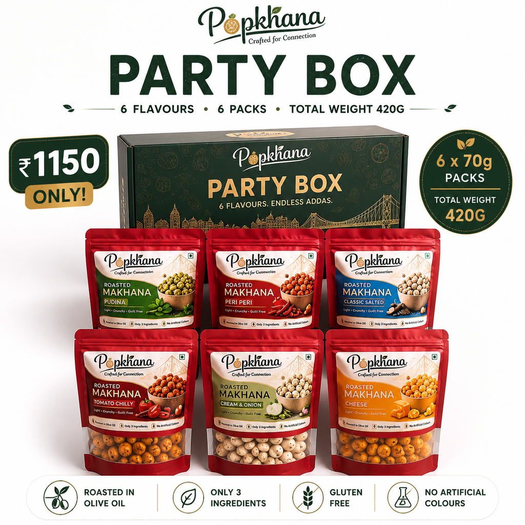 PopKhana Party Box featuring 6 roasted makhana flavours – Pudina, Peri Peri, Classic Salted, Tomato Chilly, Cream & Onion and Cheese. Includes 6 packs of 70g each (420g total), roasted in olive oil, gluten-free and made with only 3 ingredients.