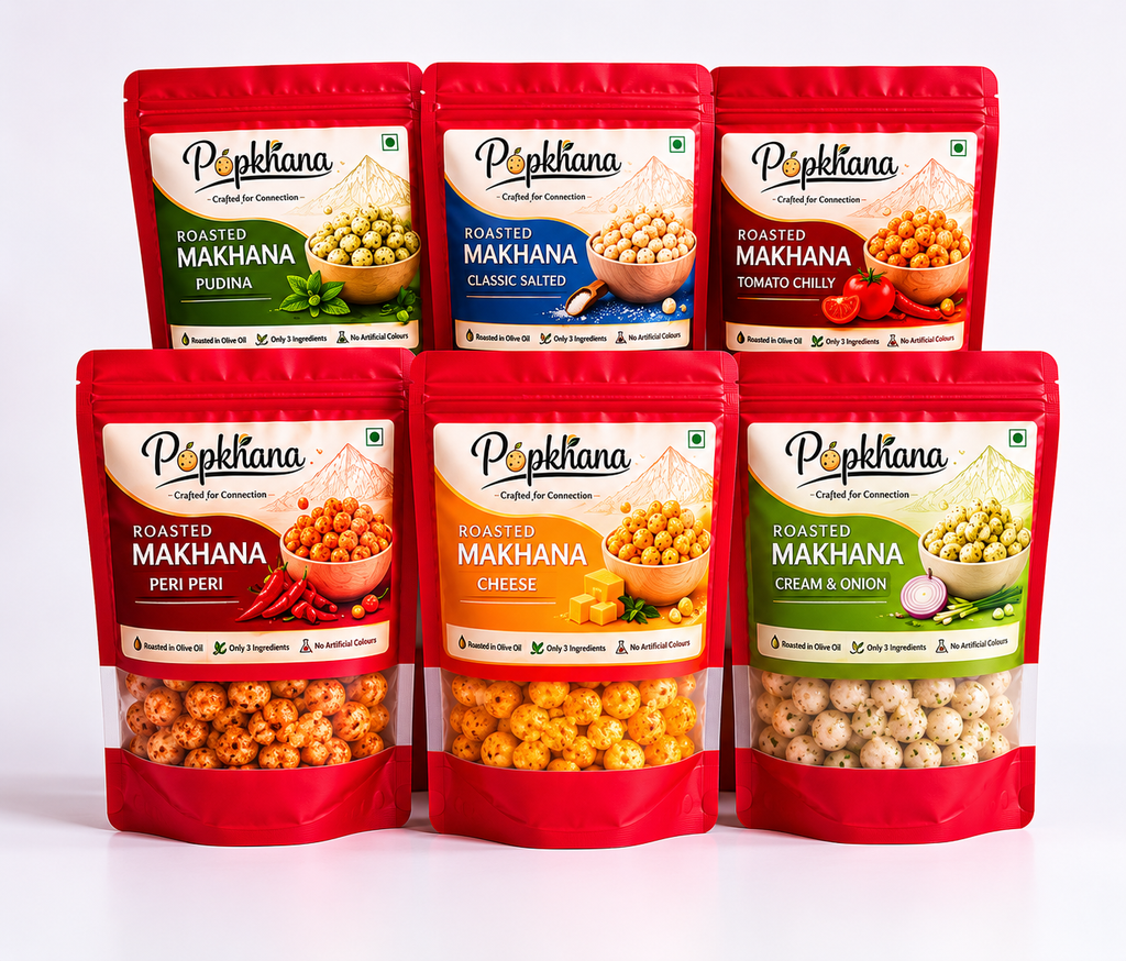 Popkhana Party Box with 6 roasted makhana flavours including Pudina, Classic Salted, Tomato Chilly, Peri Peri, Cheese and Cream & Onion. Olive oil roasted, gluten free snack box with 6 x 70g packs.