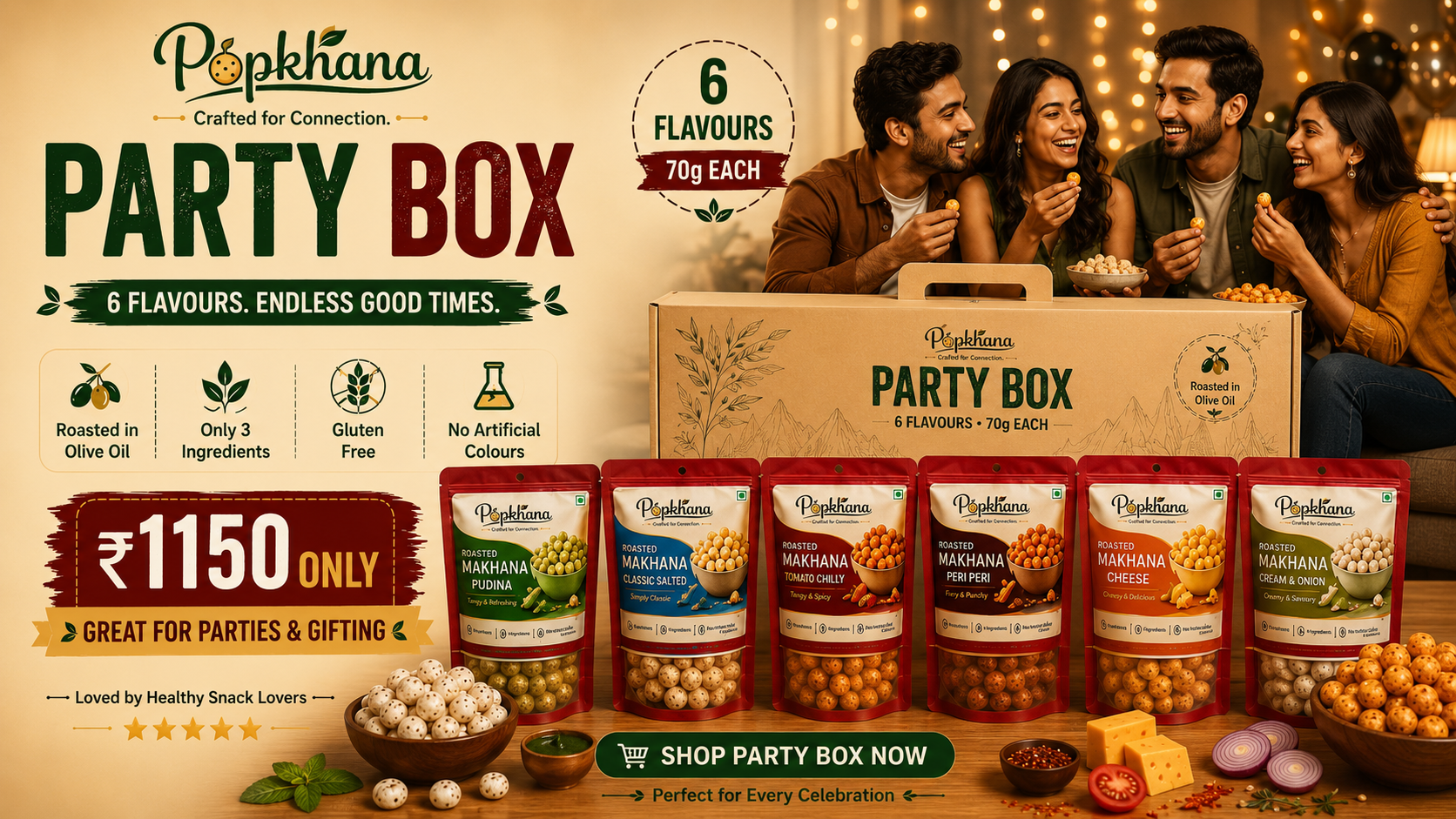 Popkhana Party Box ₹1150 | Olive Oil Roasted Makhana | Cheese, Peri Peri, Tomato Chilly, Classic Salted, Cream & Onion & Pudina | 6 x 70g Healthy Gluten Free Snacks | Party Pack | Gift Box | Family Gathering Snack Combo