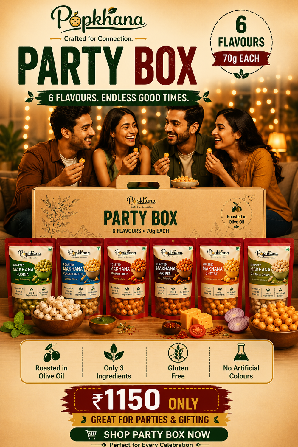 Popkhana Party Box ₹1150 | Olive Oil Roasted Makhana | Cheese, Peri Peri, Tomato Chilly, Classic Salted, Cream & Onion & Pudina | 6 x 70g Healthy Gluten Free Snacks | Party Pack | Gift Box | Family Gathering Snack Combo