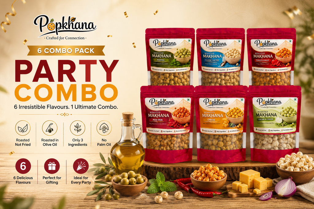 Popkhana Party Combo roasted makhana snack pack featuring 6 flavours, roasted in olive oil, made with only 3 ingredients and no palm oil