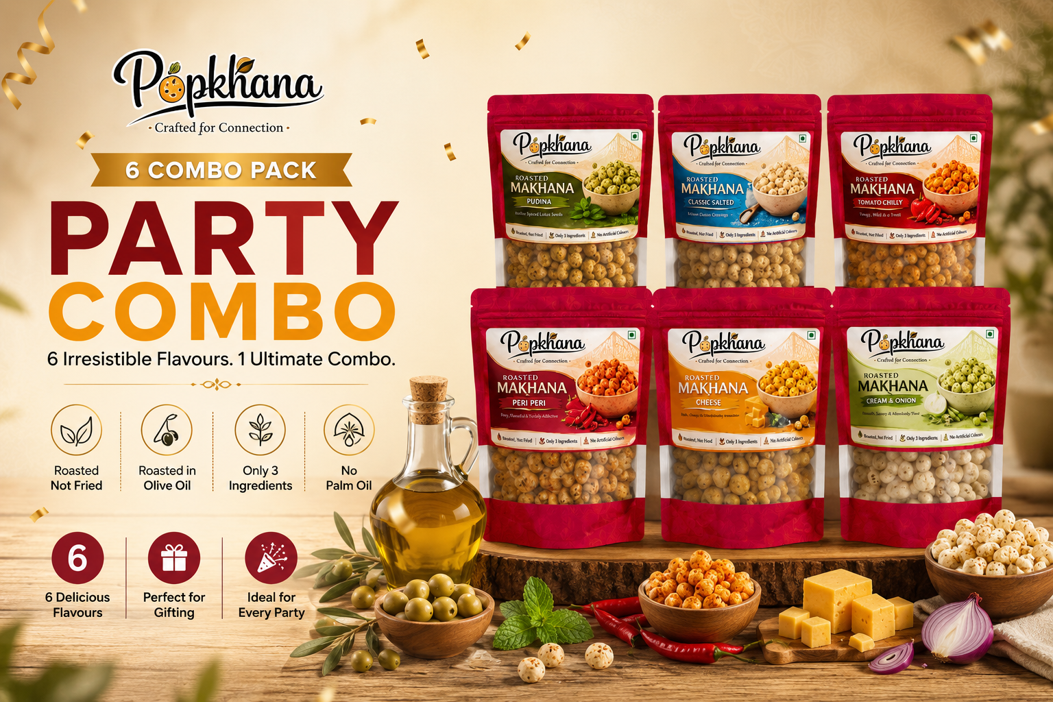 Popkhana Party Combo roasted makhana snack pack featuring 6 flavours, roasted in olive oil, made with only 3 ingredients and no palm oil