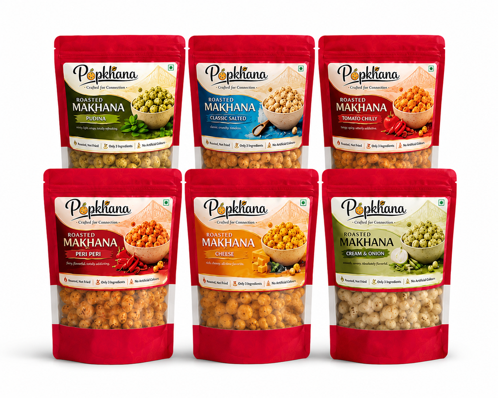 Popkhana Party Combo – 6 flavour roasted makhana variety pack roasted in olive oil with Pudina, Classic Salted, Tomato Chilly, Peri Peri, Cheese and Cream & Onion