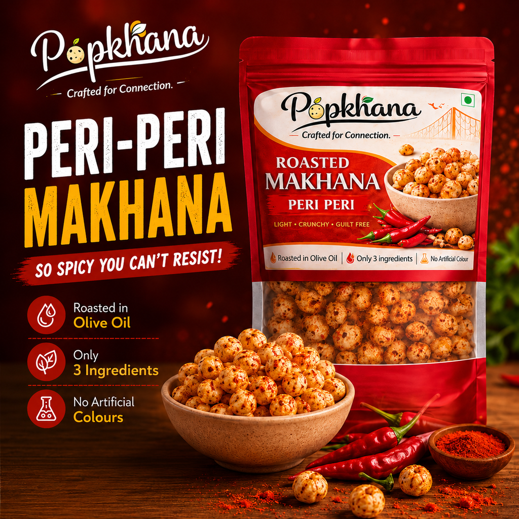 PopKhana Peri Peri Makhana Light Crunchy Guilt Free Snack with Olive Oil and 3 Ingredients