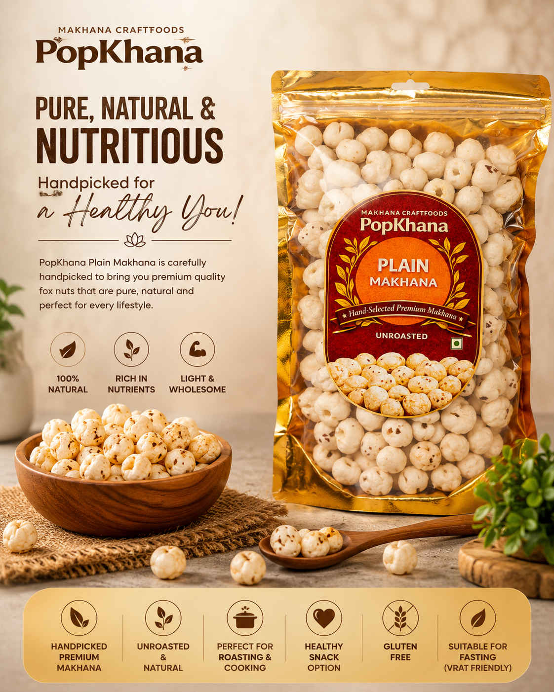PopKhana Plain Makhana lifestyle poster featuring handpicked premium raw makhana with whole fox nuts, highlighting natural nutrition, gluten-free goodness and healthy snacking benefits.