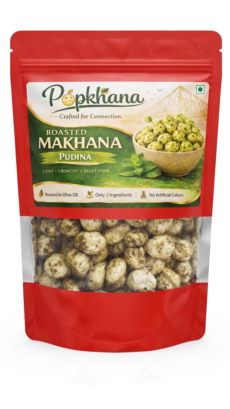 PopKhana Pudina Roasted Makhana snack pack roasted in olive oil with refreshing mint flavour, only 3 ingredients, and no artificial colours.