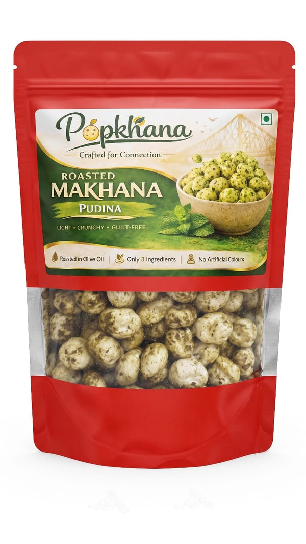 PopKhana Pudina Roasted Makhana snack pack roasted in olive oil with refreshing mint flavour, only 3 ingredients, and no artificial colours.