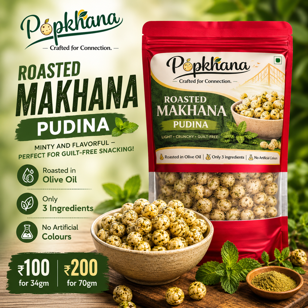 PopKhana Pudina Roasted Makhana lifestyle banner featuring mint-flavoured roasted makhana, roasted in olive oil, only 3 ingredients, no artificial colours, available in 34g and 70g packs.
