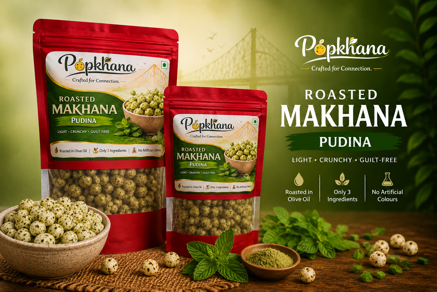 PopKhana Pudina Roasted Makhana lifestyle poster featuring 34g and 70g packs, mint-flavoured roasted makhana, roasted in olive oil, only 3 ingredients, and no artificial colours.