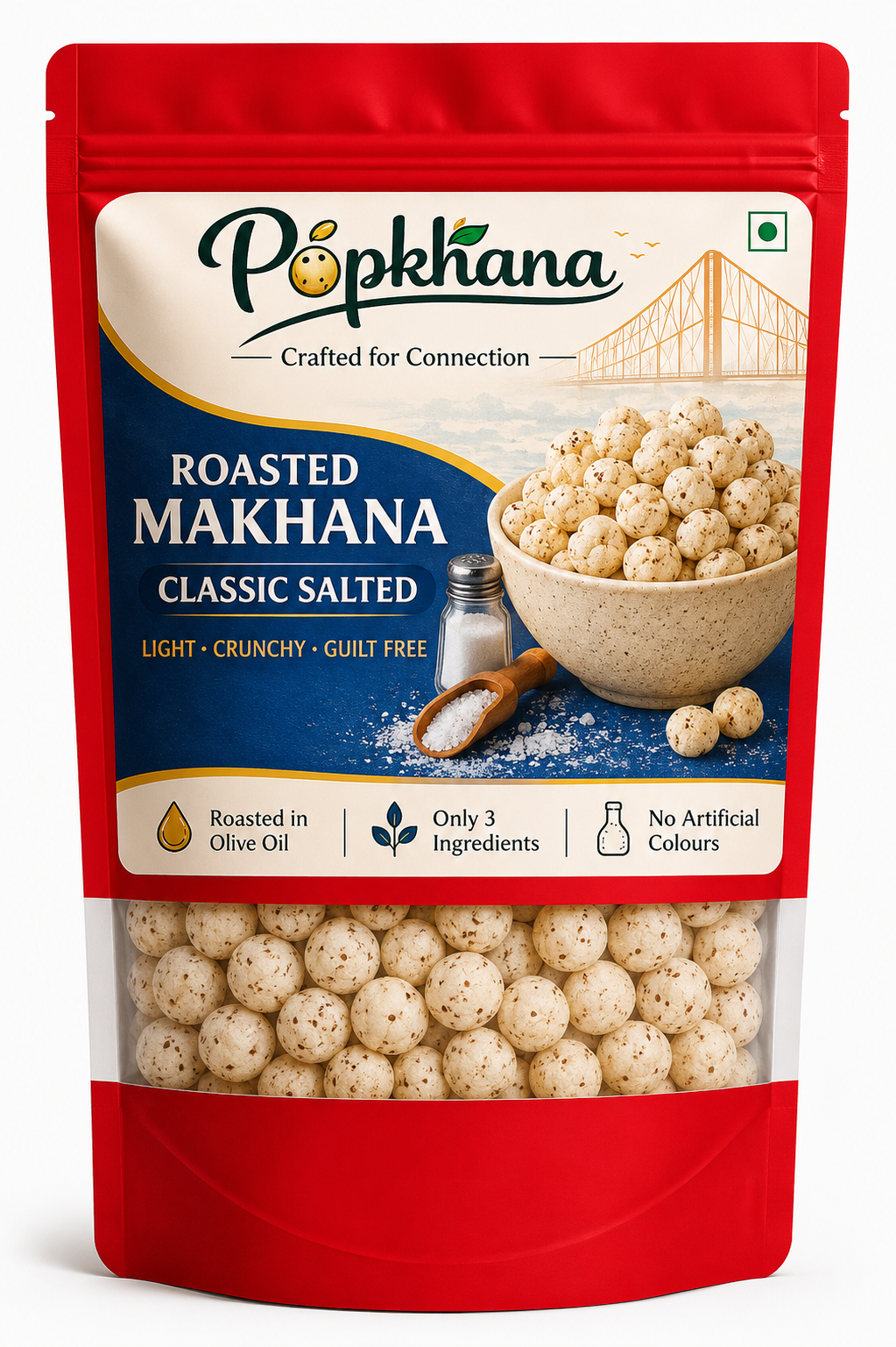 PopKhana Classic Salted Roasted Makhana snack pack roasted in olive oil with classic salted flavour, only 3 ingredients, and no artificial colours.