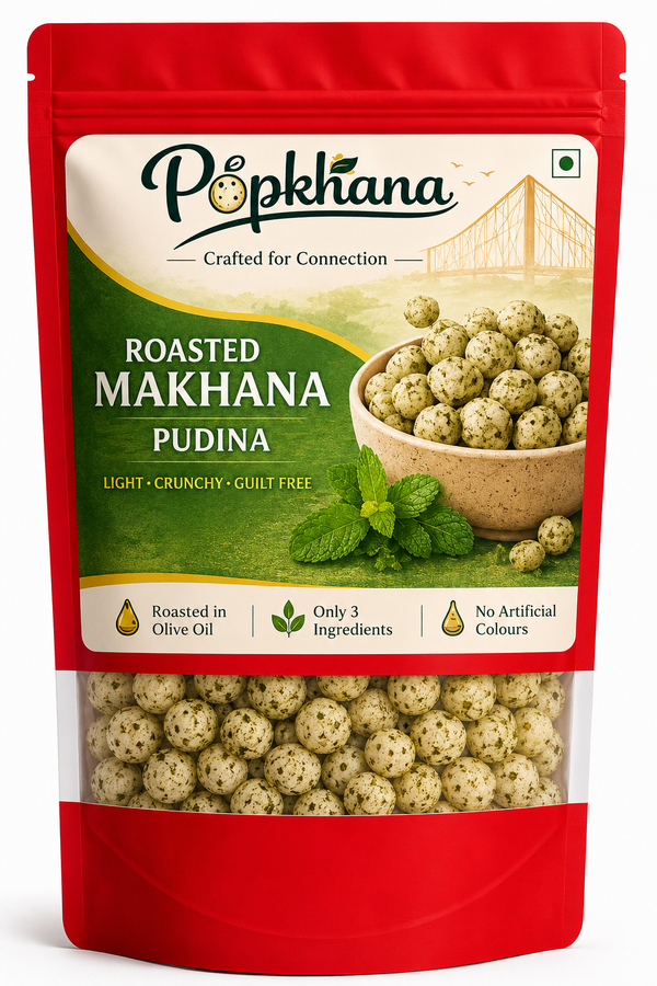 PopKhana Pudina Roasted Makhana snack pack roasted in olive oil with refreshing mint flavour, only 3 ingredients, and no artificial colours.