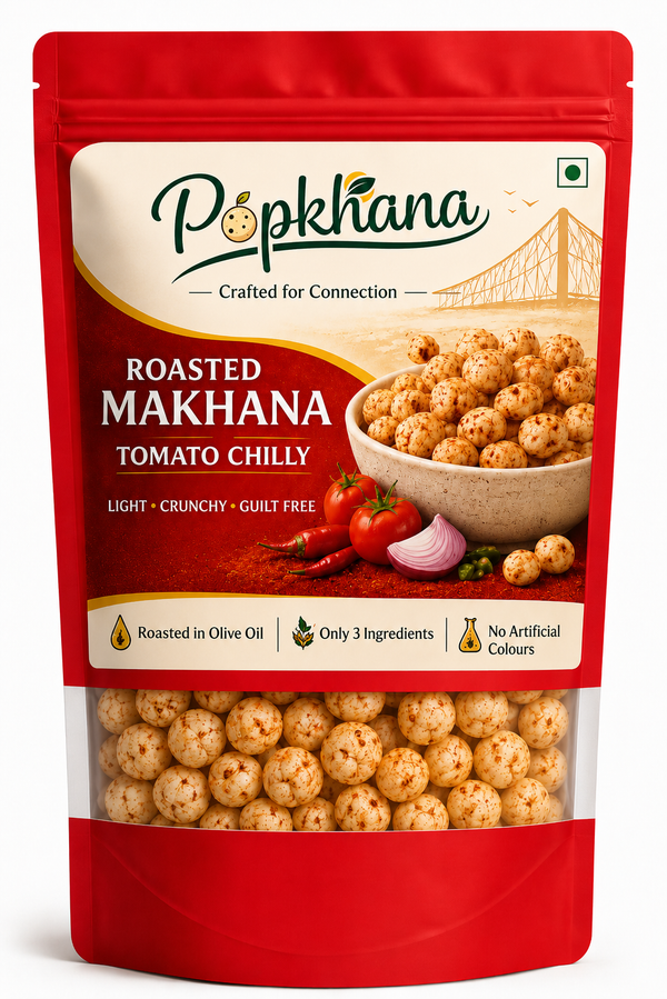 Popkhana Roasted Makhana Tomato Chilly healthy fox nut snack roasted in olive oil with only 3 ingredients