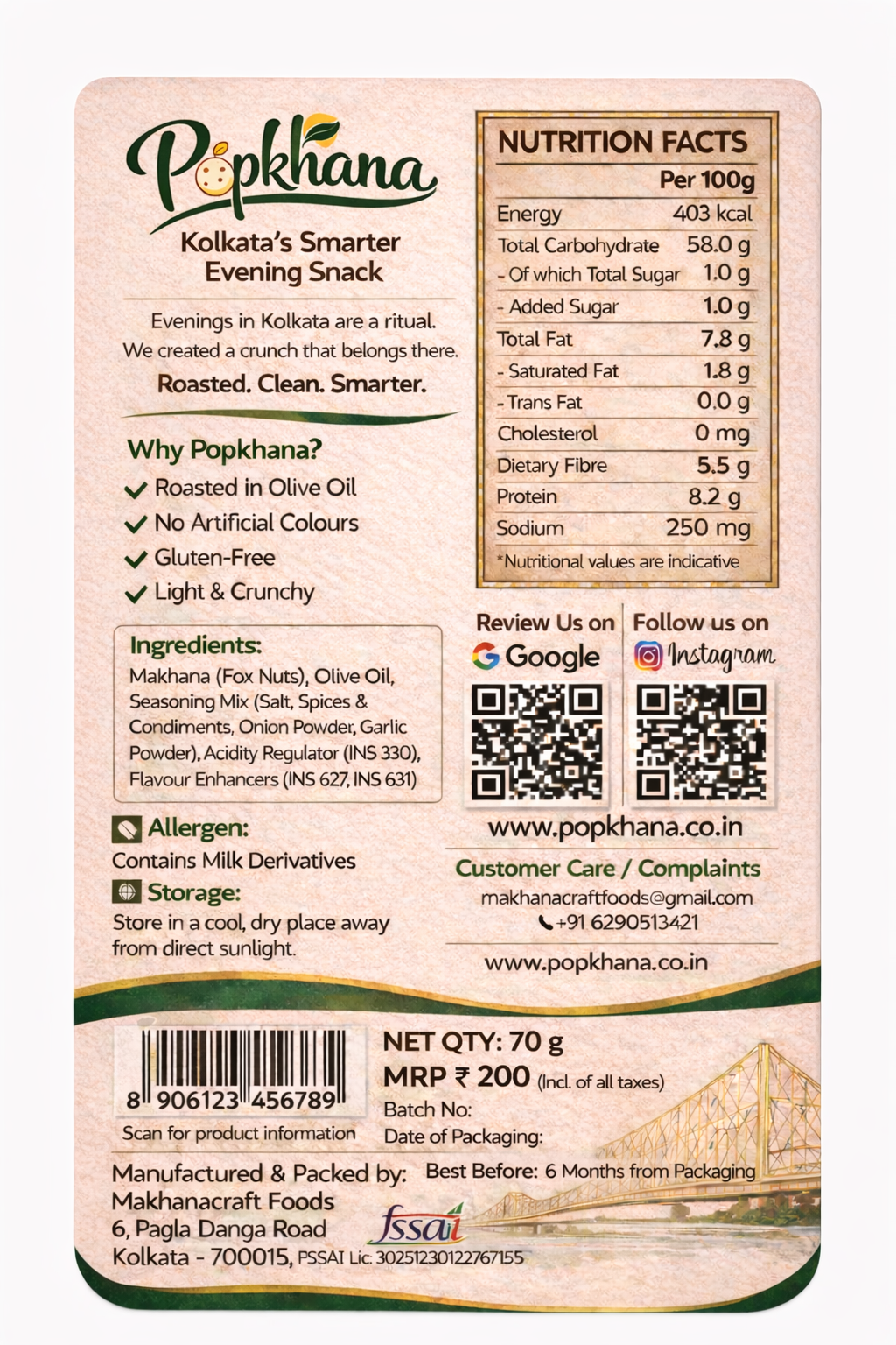 Back label of PopKhana Tomato Chilly Roasted Makhana showing nutrition facts, ingredients, storage instructions and product information.