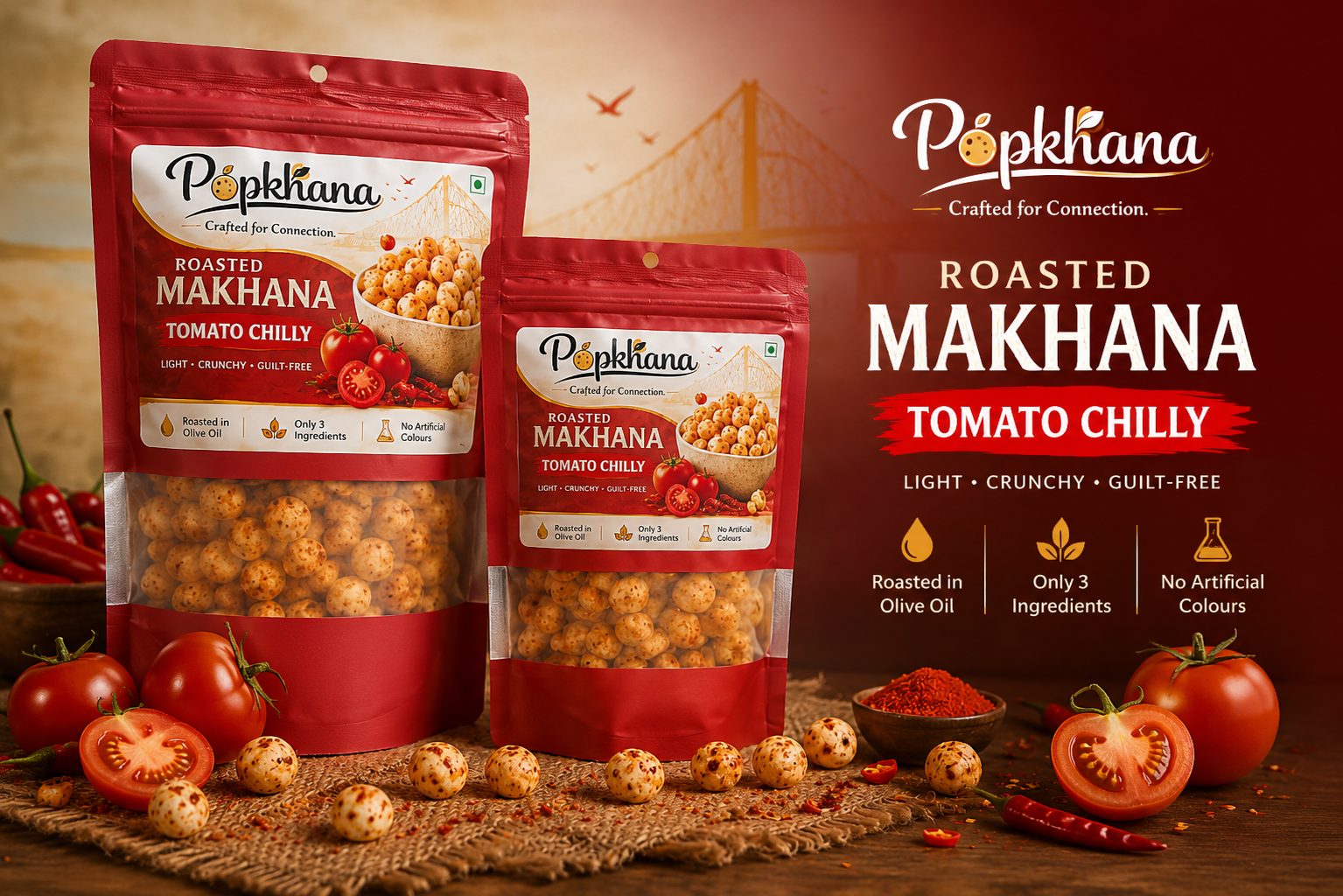 PopKhana Tomato Chilly Roasted Makhana healthy snack benefits with olive oil roasting, 3 ingredients and no artificial colours.
