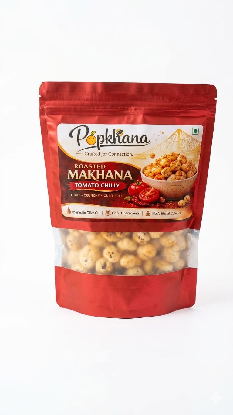 PopKhana Tomato Chilly Roasted Makhana snack pack roasted in olive oil with spicy tomato and chilli flavour, light and crunchy makhana.