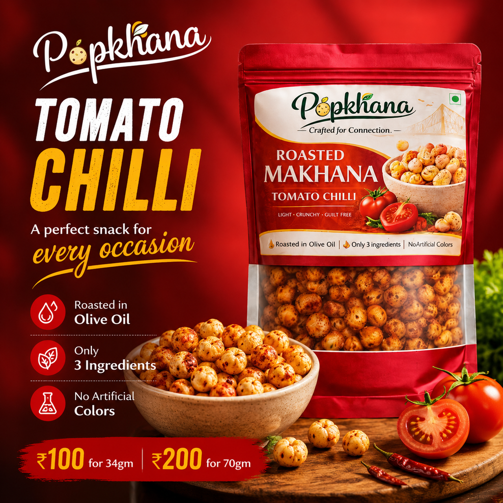 "PopKhana Tomato Chilly Roasted Makhana healthy snack with tomatoes and chillies, roasted in olive oil with only 3 ingredients."