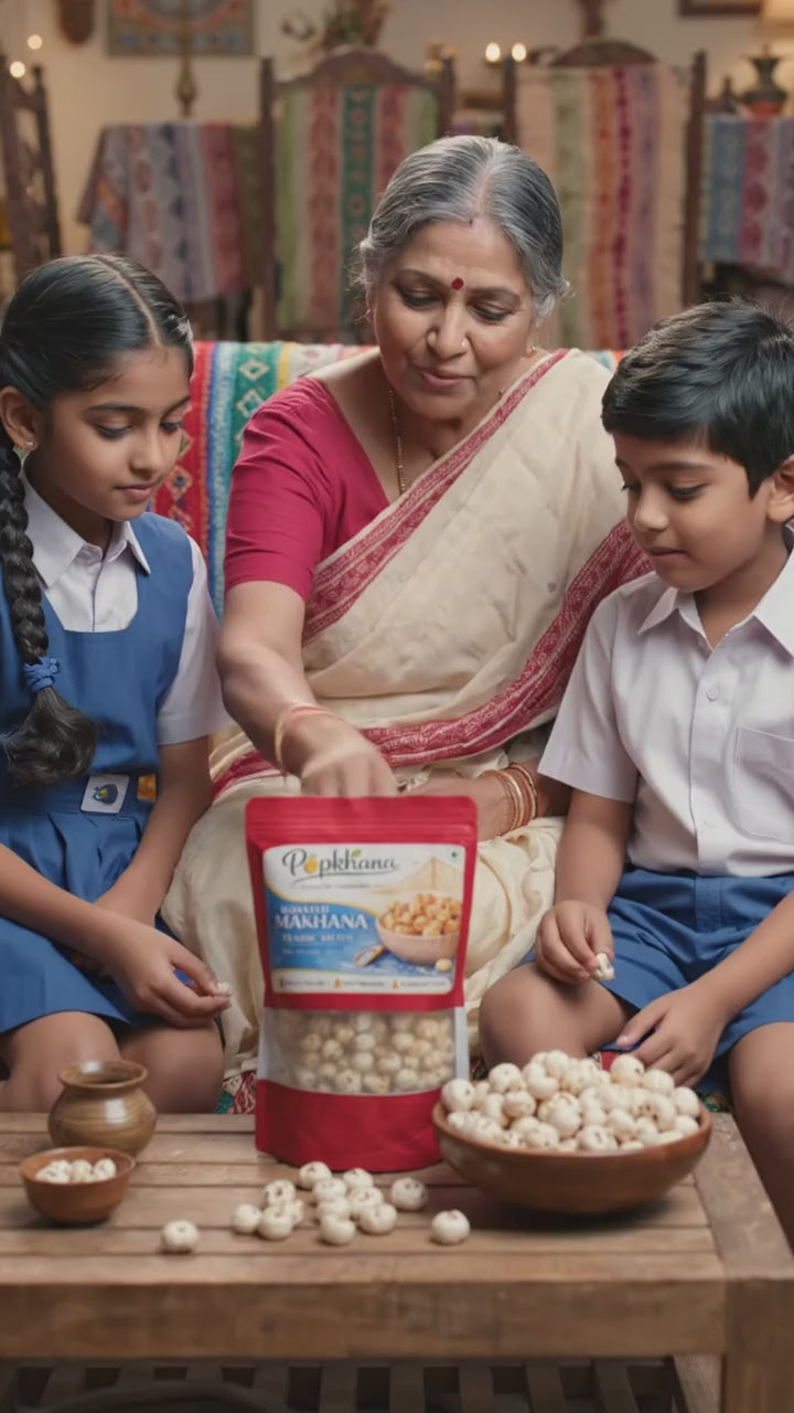 PopKhana Classic Salted Roasted Makhana snacking video showcasing light and crunchy fox nuts roasted in olive oil, made with only 3 ingredients and no artificial colours