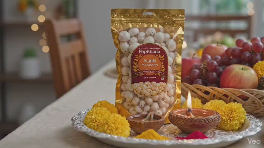 Video of PopKhana Handpicked Raw Makhana displayed in a festive home setting and served on a plate, showcasing premium quality fox nuts for roasting, cooking and healthy snacking.